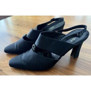 St John Black Satin Slingback Heels Women Size 8 Pointed Toe Embellished